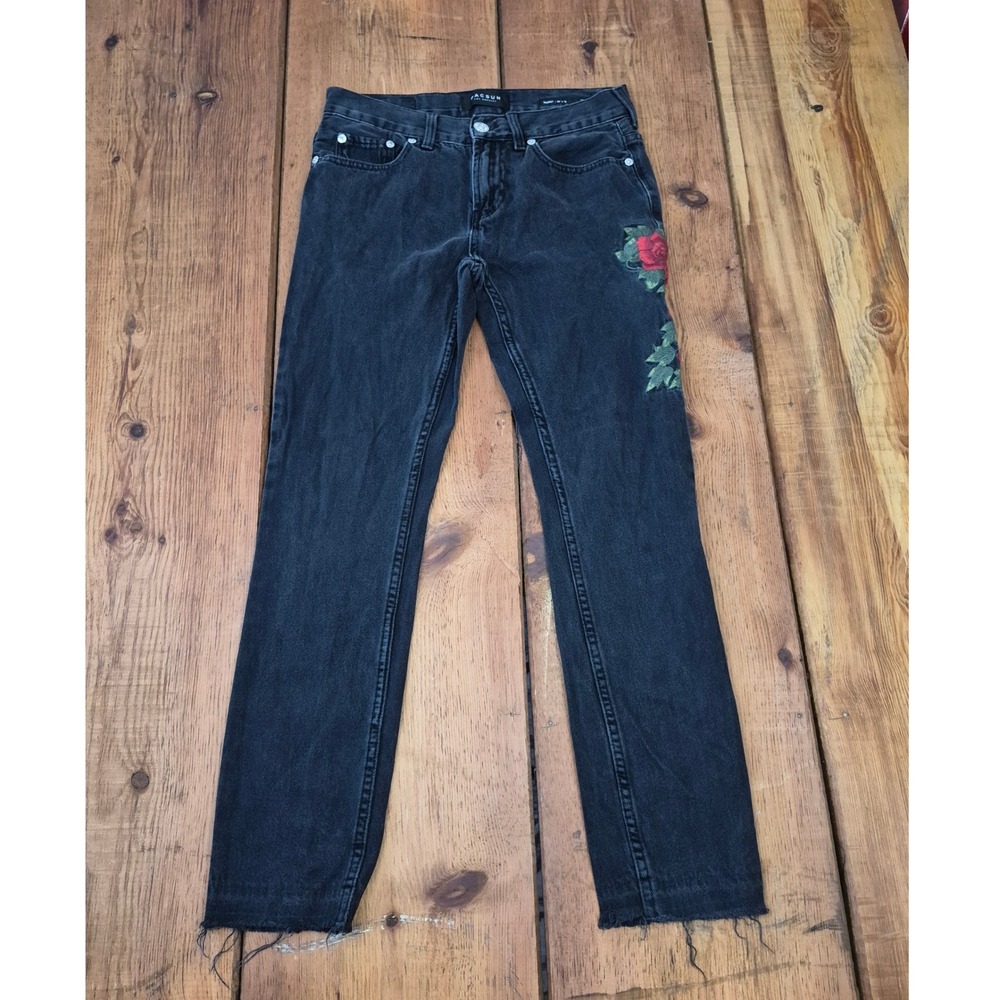 PacSun Men's 28x30 Skinny Rose Embroidered Faded Black Raw Hem Jeans